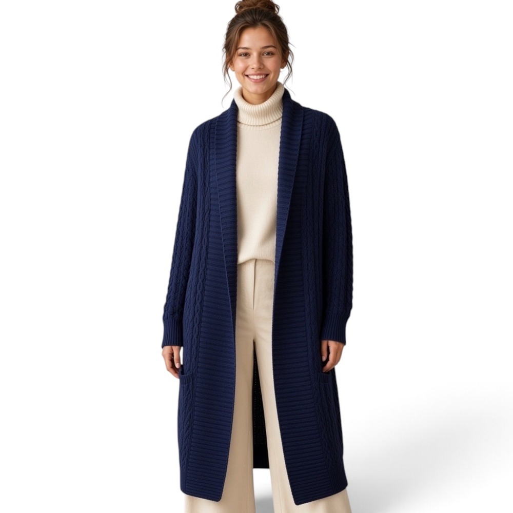 Leo & Nicole Navy Blue Cable Knit Open Front Duster Cardigan Sweater XXL